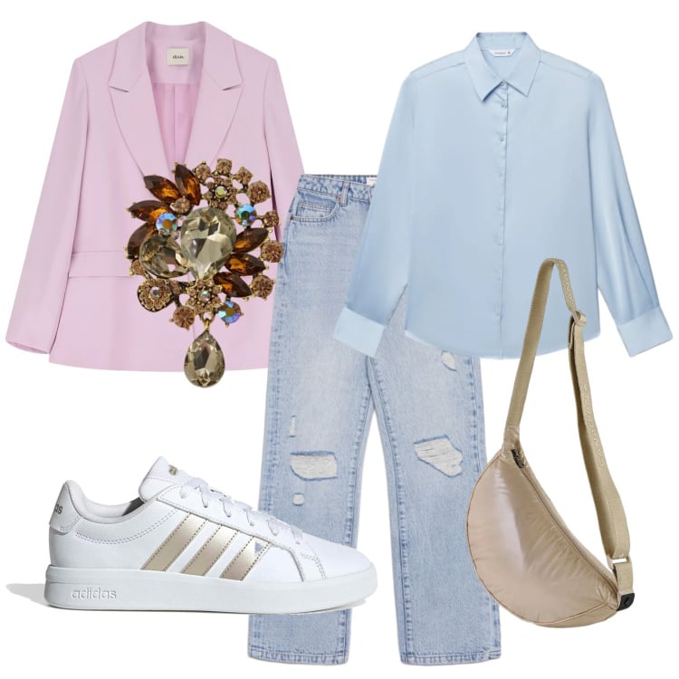 Outfit donna - Rosazzurro. Stile Casual chic per Tutti i giorni. Abbinamento con cappotti, blazer, borse a tracolla, camicie, jeans strappati, sneakers.