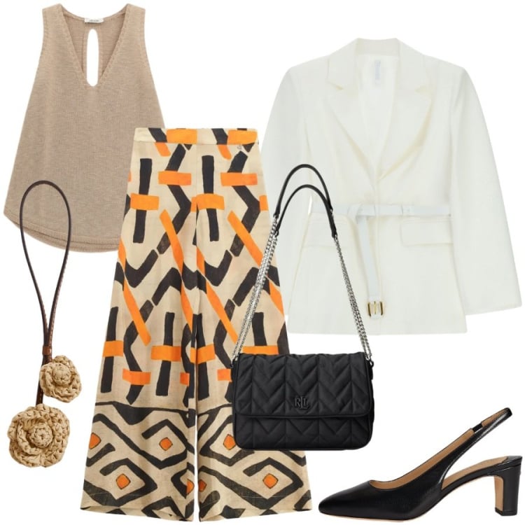 Outfit donna - I pantaloni grafici. Stile Chic per Cerimonia. Abbinamento con blazer, pantaloni a palazzo, top, borse a tracolla, décolleté, ciondoli.