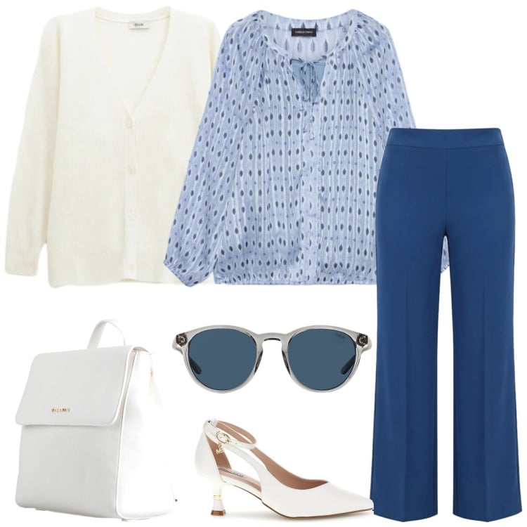 Outfit donna - Total look #2375493. Stile Chic per Tutti i giorni. Abbinamento con zaini, bluse, pantaloni a palazzo, cardigans, occhiali da sole, décolleté.