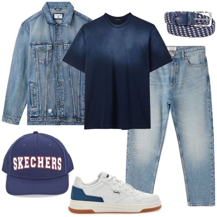 Outfit uomo - Giacca in denim. Stile Casual per Tutti i giorni. Abbinamento con cappelli, giacche, sneakers, jeans dritti, cinture, t-shirt.
