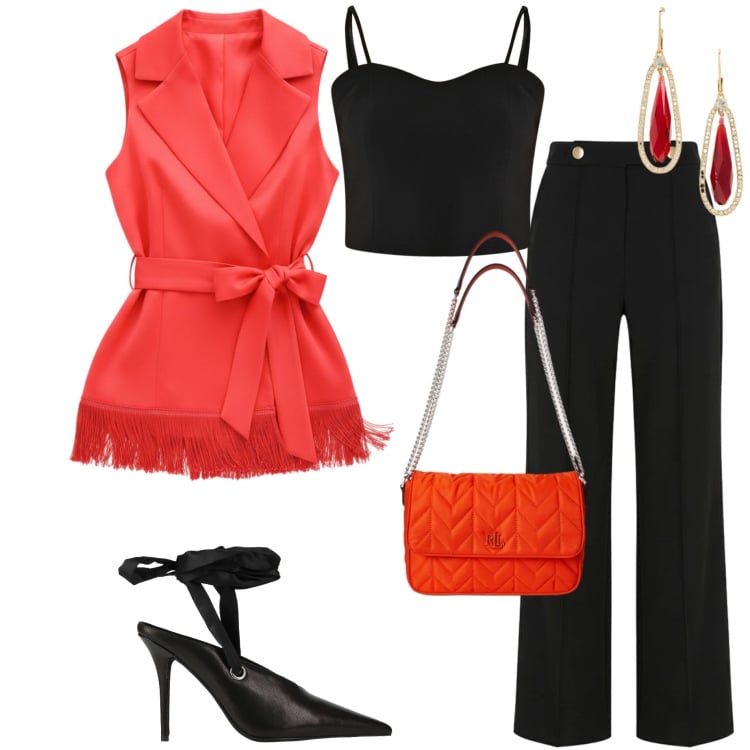 Outfit donna - Curve in movimento. Stile Chic per Serata fuori. Abbinamento con décolleté, top, gilet, pantaloni, orecchini, borse a tracolla.