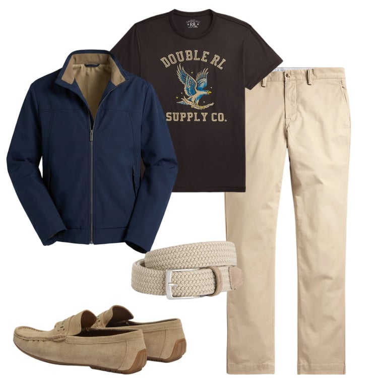 Outfit uomo - Aprile. Stile Urban per Tutti i giorni. Abbinamento con cinture, giacche, scarpe stringate, pantaloni, t-shirt.