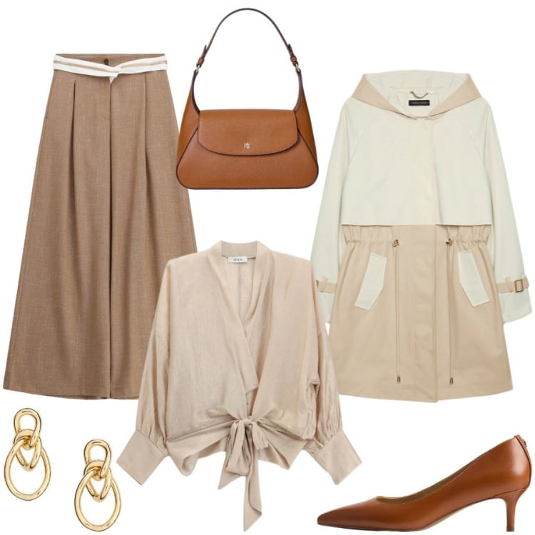 Outfit donna - Pranzo di Pasqua. Stile Bon Ton per Cerimonia. Abbinamento con trench, pantaloni a palazzo, bluse, décolleté, borse a spalla, orecchini.