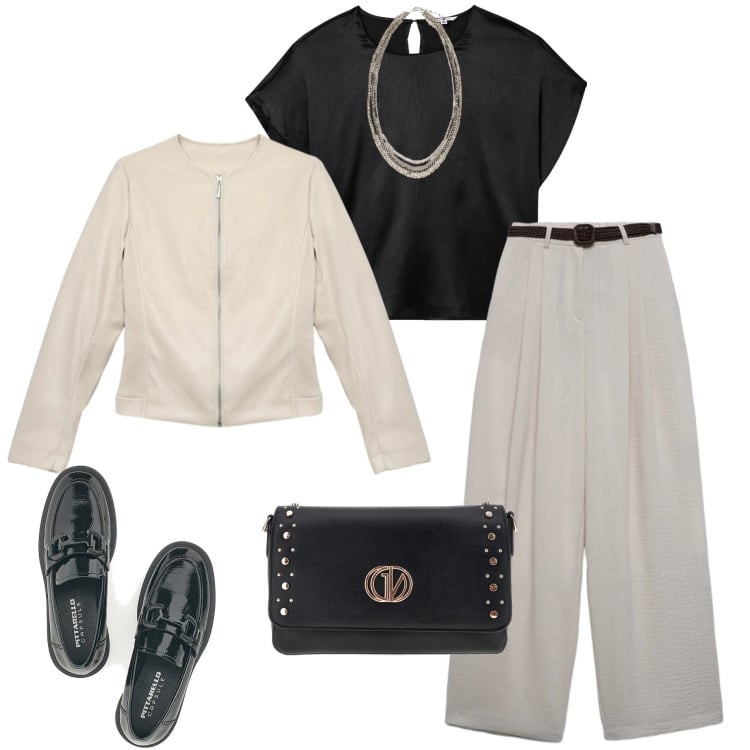 Outfit donna - Curve in movimento. Stile Sporty chic per Tutti i giorni. Abbinamento con giacche, pantaloni, bluse, collane, mocassini, borse a tracolla.