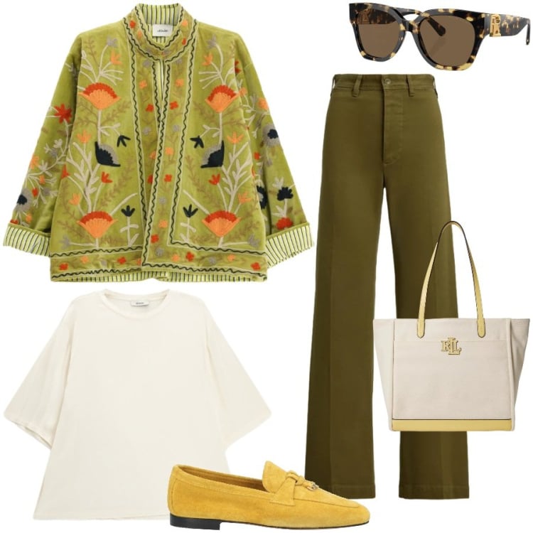 Outfit donna - Colori che illuminano. Stile Casual chic per Tutti i giorni. Abbinamento con mocassini, cappotti, t-shirt, pantaloni, borse tote, occhiali da sole.