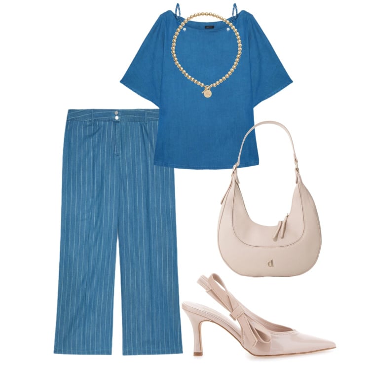 Outfit donna - Aperitivo luminoso. Stile Glamour per Tutti i giorni. Abbinamento con bluse, jeans, borse a tracolla, collane, décolleté.