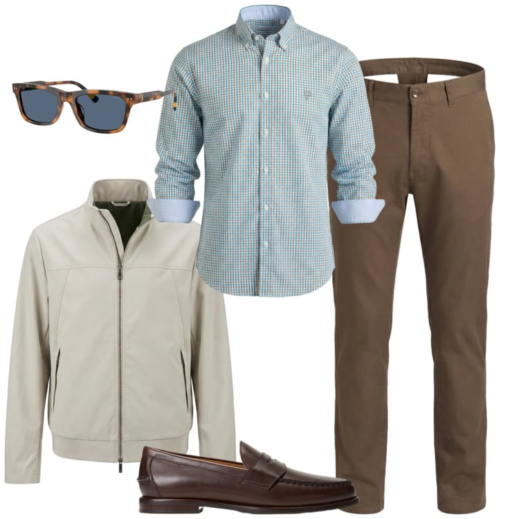 Outfit uomo - Chino e camicia. Stile Urban per Tutti i giorni. Abbinamento con camicie, pantaloni, giacche, scarpe stringate, occhiali da sole.