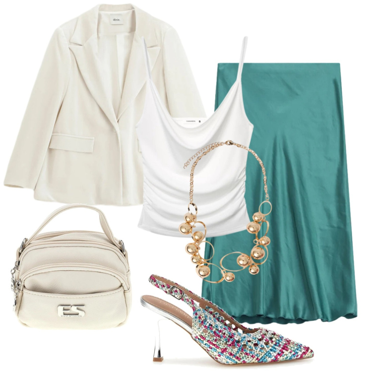 Outfit donna - Spring in Sale. Stile Chic per Tutti i giorni. Abbinamento con collane, gonne, blazer, canottiere, décolleté, borse a tracolla.