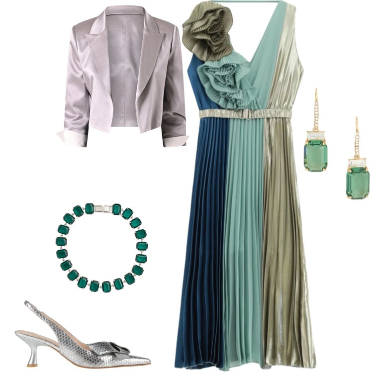 Outfit donna - Curve in movimento. Stile Chic per Cerimonia. Abbinamento con décolleté, bolero, vestiti asimmetrici, braccialetti, orecchini.