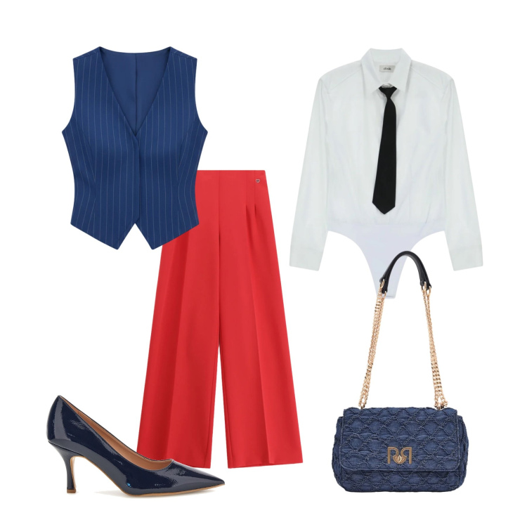 Outfit donna - Total look #2375509. Stile Casual chic per Tutti i giorni. Abbinamento con gilet, borse a spalla, camicie, pantaloni a palazzo, décolleté.