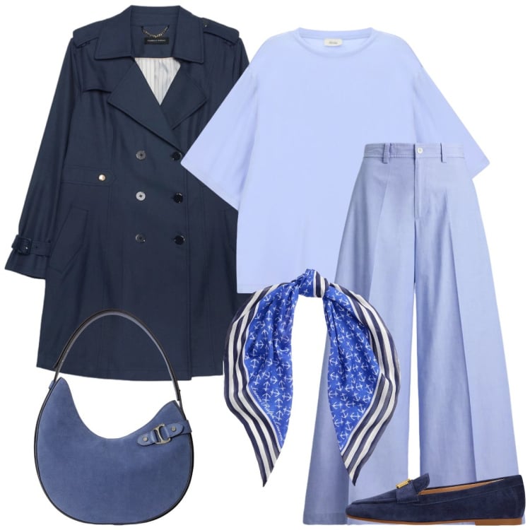 Outfit donna - Total look #2375515. Stile Casual chic per Tutti i giorni. Abbinamento con trench, t-shirt, mocassini, borse a spalla, pantaloni, foulard.