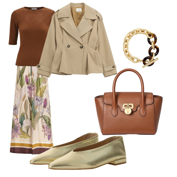 Outfit donna - Colore con stile. Stile Casual chic per Ufficio. Abbinamento con t-shirt, blazer, pantaloni a palazzo, ballerine, borse a mano, braccialetti.