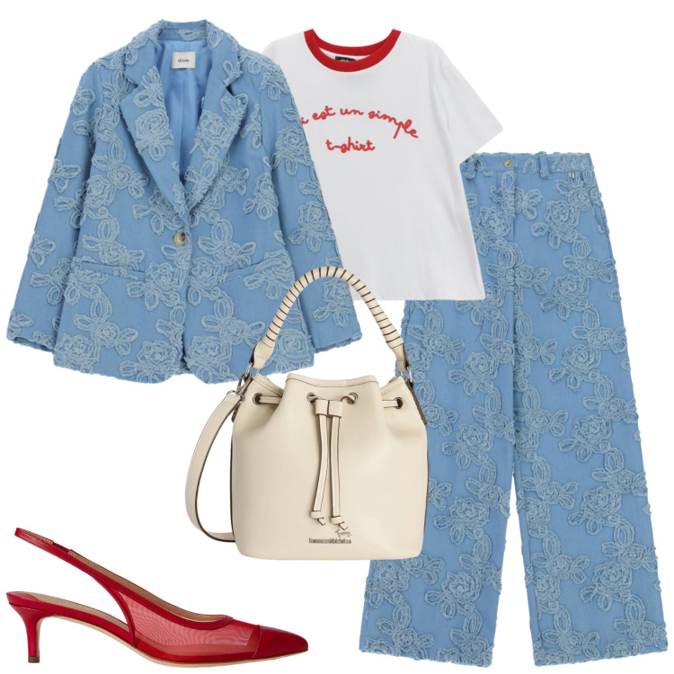 Outfit donna - Aprile. Stile Trendy per Tutti i giorni. Abbinamento con blazer, pantaloni a palazzo, t-shirt, borse a secchiello, décolleté.