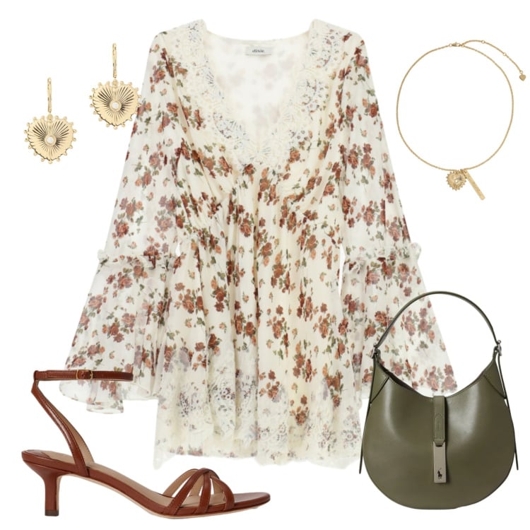 Outfit donna - Abitino fluido floreale. Stile Romantica per Serata fuori. Abbinamento con vestiti corti, orecchini, ciondoli, borse a spalla, sandali in pelle.