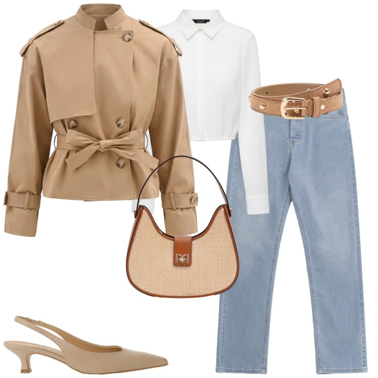 Outfit donna - Aprile casual chic. Stile Casual chic per Tutti i giorni. Abbinamento con borse a spalla, caban, camicie, décolleté, jeans, cinture.
