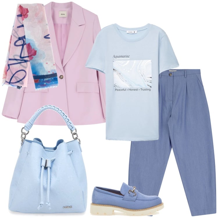 Outfit donna - Total look #2375522. Stile Casual chic per Tutti i giorni. Abbinamento con pantaloni, blazer, mocassini, borse a secchiello, t-shirt, foulard.