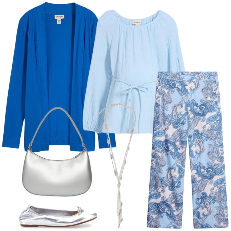 Outfit donna - Total look #2375523. Stile Casual per Tutti i giorni. Abbinamento con bluse, pantaloni, cardigans, collane, ballerine, borse a tracolla.
