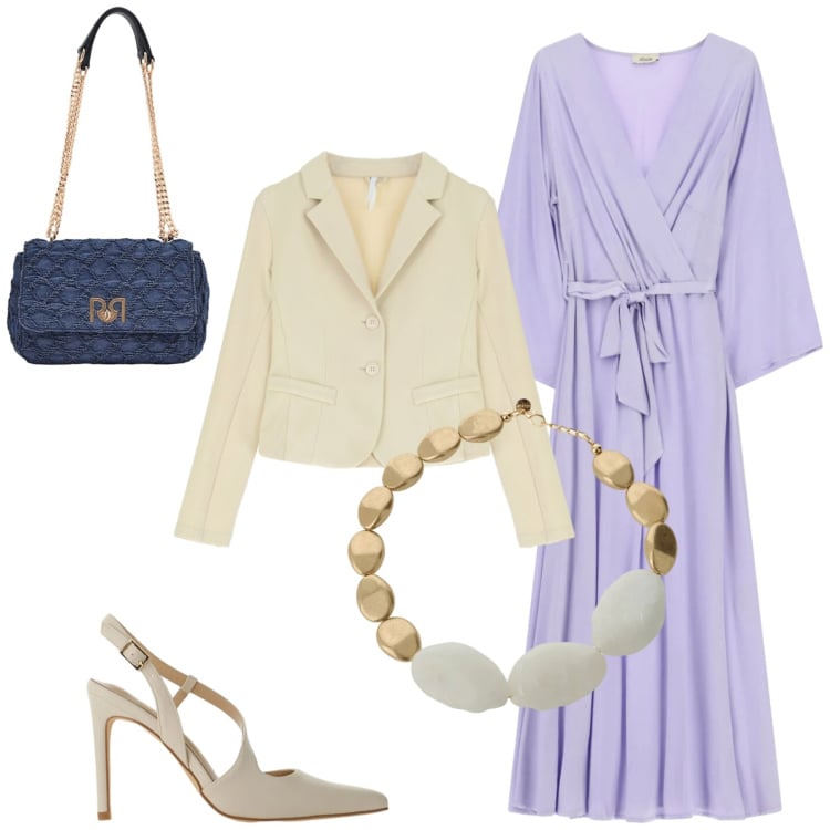 Outfit donna - Total look #2375525. Stile Chic per Cerimonia. Abbinamento con blazer, décolleté, borse a spalla, collane, vestiti midi/longuette.