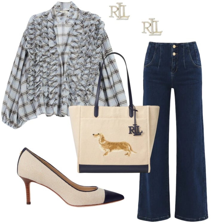 Outfit donna - Spring in sale. Stile Sporty chic per Ufficio. Abbinamento con blazer, jeans, camicie, orecchini, décolleté, borse tote.