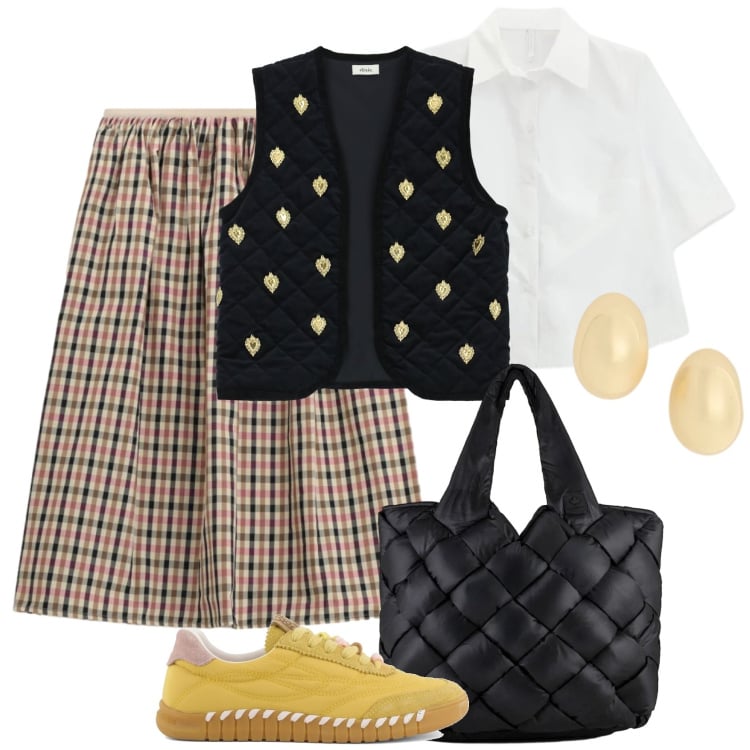 Outfit donna - Gonna midi @laurafo. Stile Urban per Tutti i giorni. Abbinamento con camicie a manica corta, gilet, gonne longuette, orecchini, borse tote, sneakers.