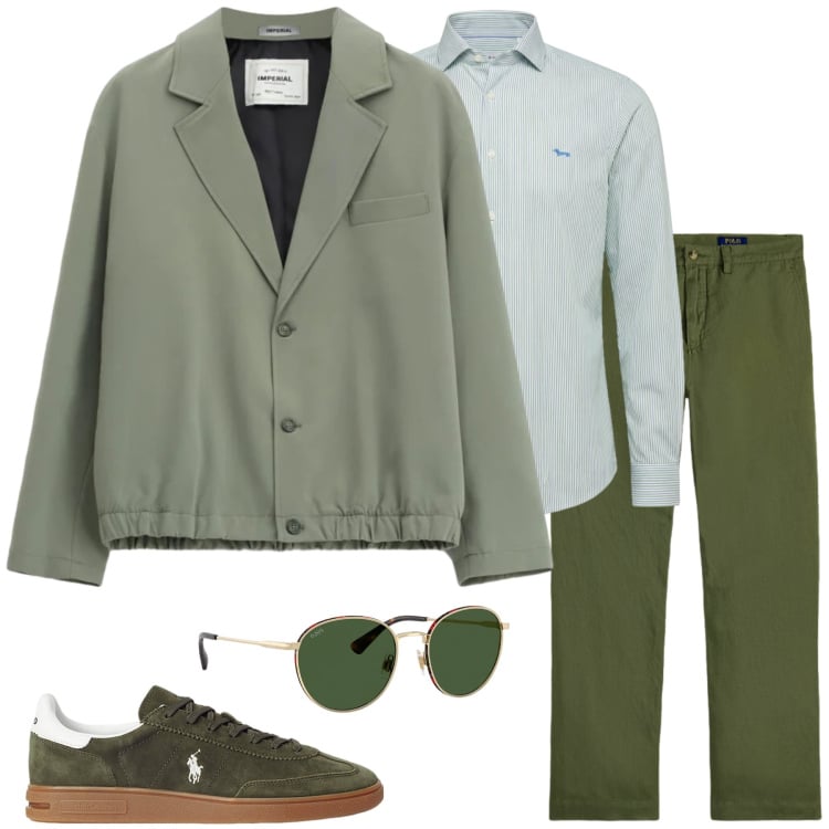 Outfit uomo - Spring Utility: Il Bomber Sartoriale. Stile Urban per Ufficio. Abbinamento con camicie, giacche, sneakers, occhiali da sole, pantaloni.
