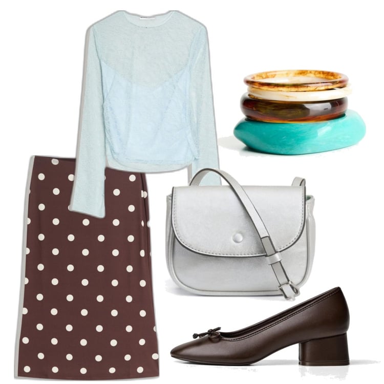 Outfit mujer - Urban style. Estilo Urban para Todos los días. Combinación con pulseras, bolsos de mano, falda longuette, bailarinas, camiseta.