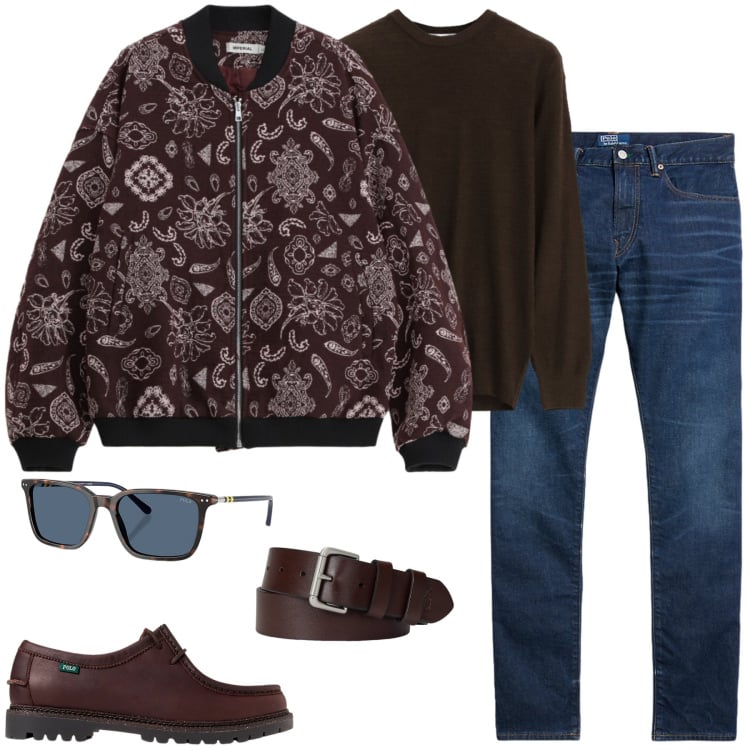Outfit uomo - Urban Paisley: Carattere e Tradizione. Stile Casual per Serata speciale. Abbinamento con bomber, maglieria, cinture, scarpe stringate, occhiali da sole, jeans.