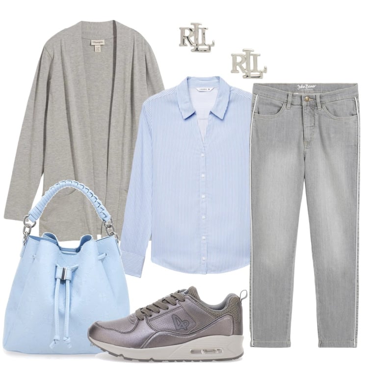 Outfit donna - Azzurro e grigio. Stile Basic per Tutti i giorni. Abbinamento con cardigans, jeans skinny, orecchini, sneakers, camicie, borse a secchiello.