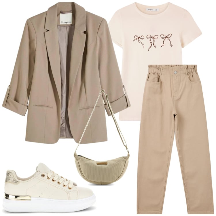 Outfit donna - Beige Minimal Chic. Stile Casual chic per Tutti i giorni. Abbinamento con blazer, pochette, pantaloni, t-shirt, borse a tracolla, sneakers.