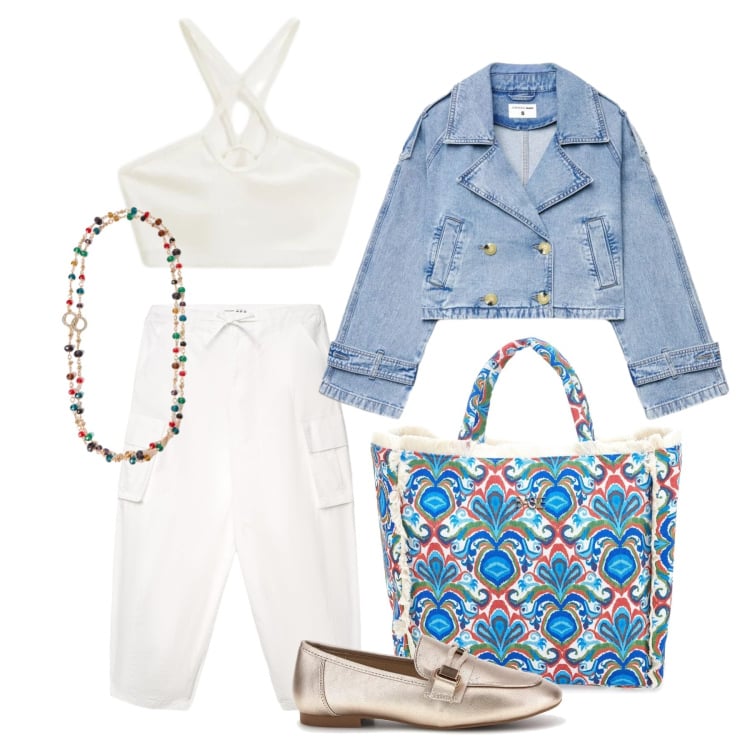 Outfit donna - Aprile. Stile Glamour per Tutti i giorni. Abbinamento con collane, top, shopping bag, pantaloni cargo, caban, mocassini.