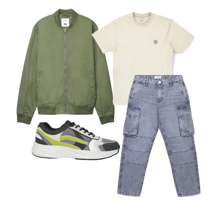 Outfit uomo - Aprile. Stile Trendy per Tutti i giorni. Abbinamento con jeans, sneakers, bomber, t-shirt.