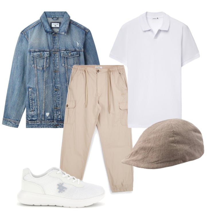 Outfit uomo - Aprile. Stile Trendy per Tutti i giorni. Abbinamento con giacche, cappelli e berretti, sneakers, polo, pantaloni cargo.