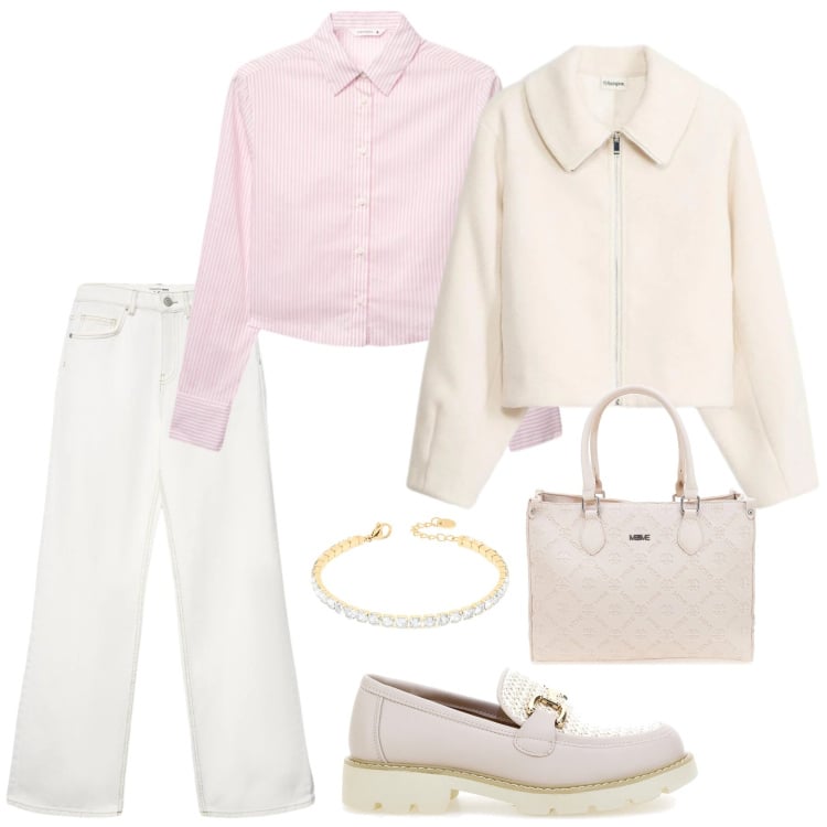 Outfit donna - Luce bianca. Stile Casual per Tutti i giorni. Abbinamento con blazer, braccialetti, jeans, camicie, mocassini, borse a tracolla.