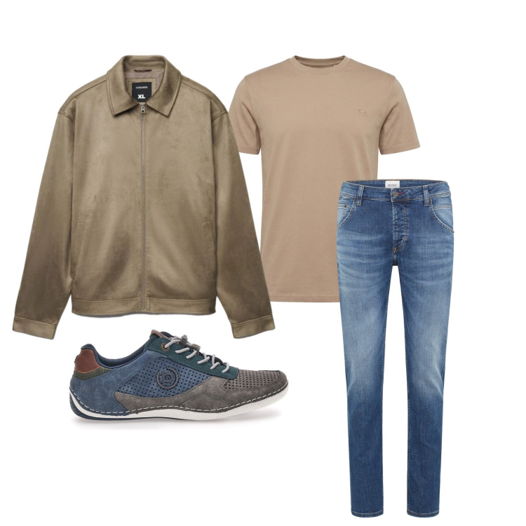 Outfit uomo - Marzo. Stile Trendy per Tutti i giorni. Abbinamento con jeans dritti, t-shirt, scarpe stringate, giacche.