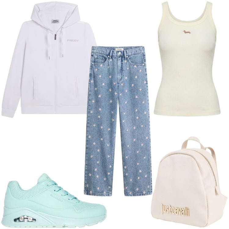 Outfit donna - Light as Cloud: una felpa bianca. Stile Basic per Tutti i giorni. Abbinamento con zaini, jeans dritti, canottiere, felpe con cappuccio, sneakers.