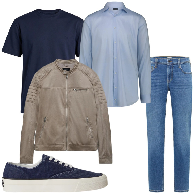 Outfit uomo - Look da pranzo all’aperto. Stile Casual per Tutti i giorni. Abbinamento con jeans bootcut, giacche, t-shirt, sneakers, camicie.
