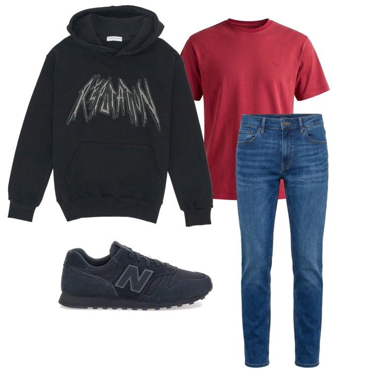 Outfit uomo - Aprile. Stile Trendy per Tutti i giorni. Abbinamento con t-shirt, jeans, felpe con cappuccio, sneakers.