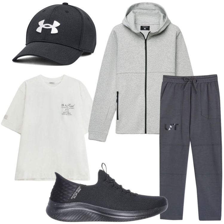 Outfit uomo - Perfetto per lo sport. Stile Urban per Tutti i giorni. Abbinamento con t-shirt, pantaloni, cappelli, sneakers, felpe con cappuccio.