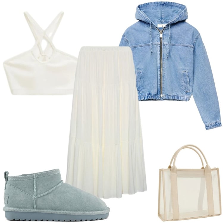 Outfit donna - Light as Cloud : boho. Stile Boho per Tutti i giorni. Abbinamento con top, borse tote, stivali, bomber, gonne lunghe.