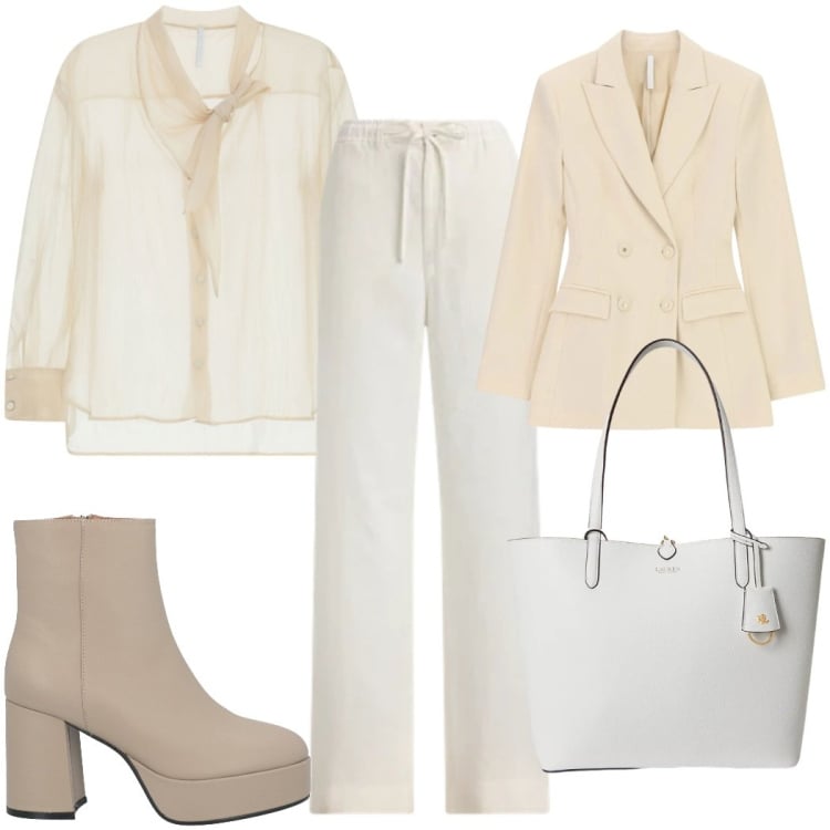 Outfit donna - Light as Cloud : in ufficio. Stile Mannish per Ufficio. Abbinamento con stivaletti, camicie, blazer, pantaloni, borse tote.