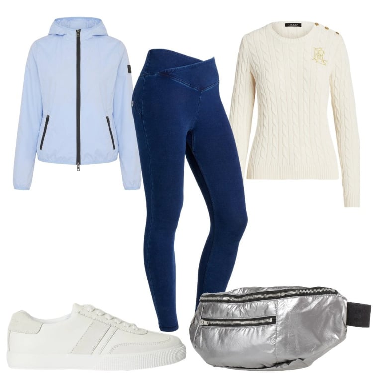 Outfit donna - Light as Cloud : sportiva. Stile Basic per Tutti i giorni. Abbinamento con marsupi, leggings, blazer, maglieria, sneakers.