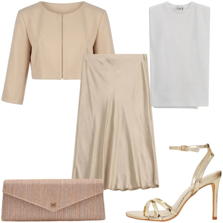 Outfit donna - Spring in Sale: la cerimonia. Stile Glamour per Cerimonia. Abbinamento con top, bolero, pochette, gonne, sandali col tacco.