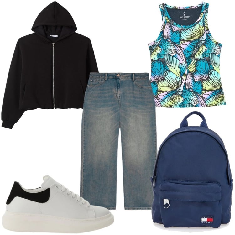 Outfit donna - Spring in Sale : casual. Stile Casual per Tutti i giorni. Abbinamento con jeans, sneakers, zaini, felpe con cappuccio, canottiere.