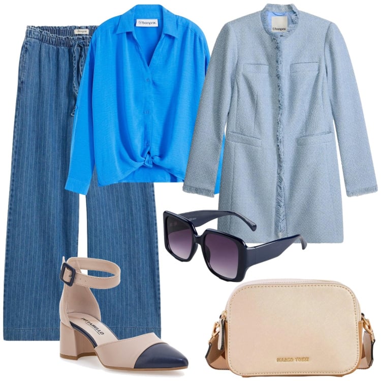 Outfit donna - Basic con eleganza. Stile Basic per Tutti i giorni. Abbinamento con bluse, jeans, blazer, borse a tracolla, occhiali da sole, décolleté.