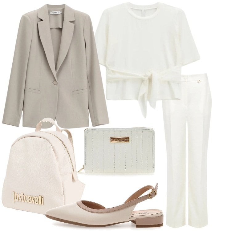 Outfit donna - Light as Cloud. Stile Minimal per Tutti i giorni. Abbinamento con zaini, t-shirt, pantaloni a palazzo, blazer, ballerine, portafogli.