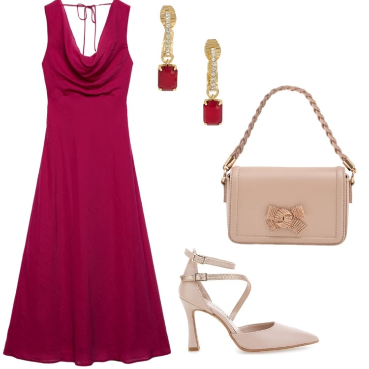 Outfit donna - Cena romantica. Stile Casual chic per Serata fuori. Abbinamento con pochette, orecchini, décolleté, vestiti lunghi.