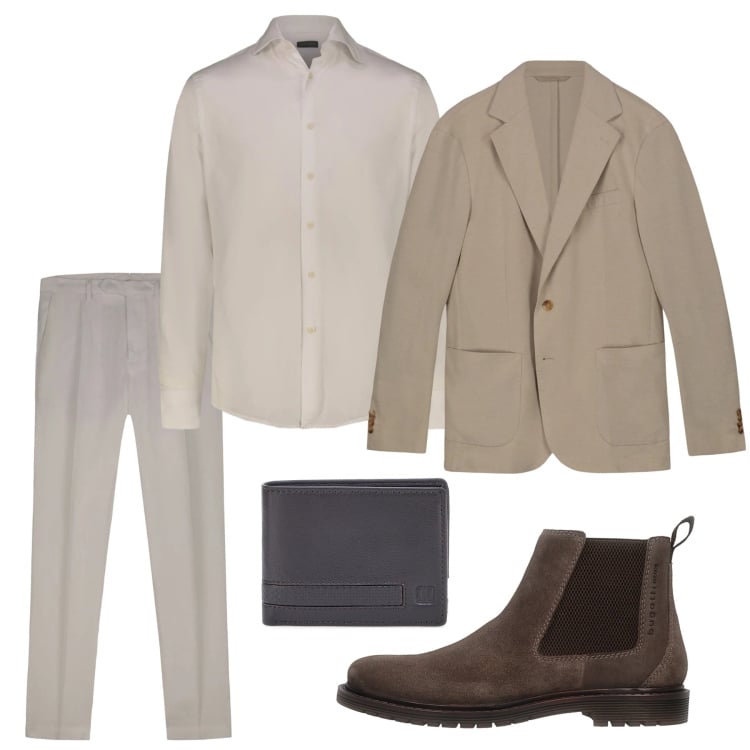 Outfit uomo - Toni chiari. Stile Business/Elegante per Ufficio. Abbinamento con portafogli, giacche, pantaloni, stivali e stivaletti, camicie.