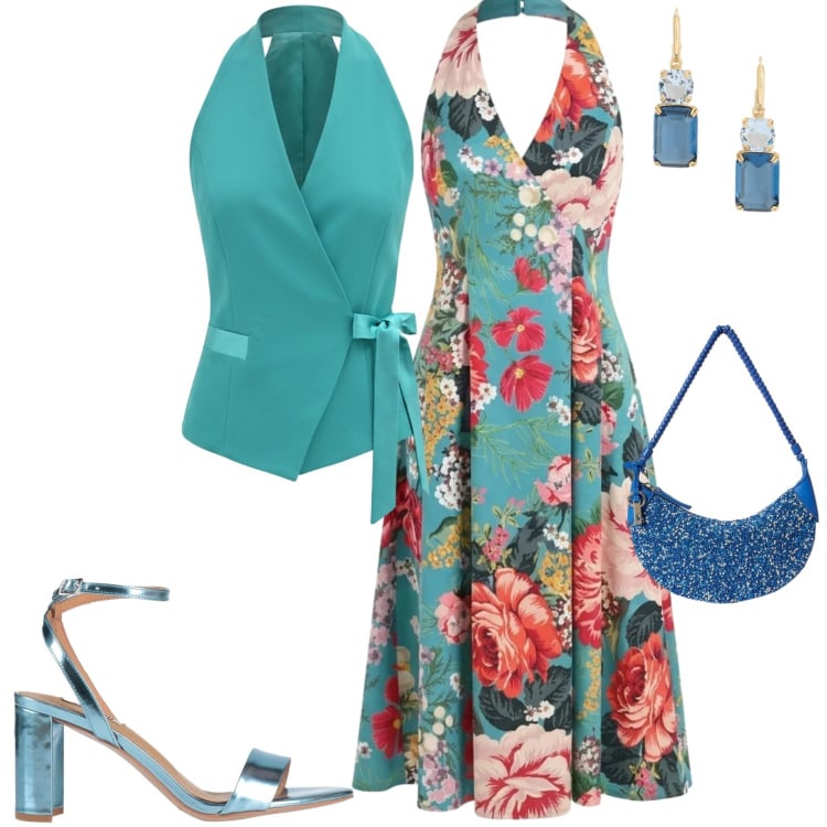 Outfit donna - Curve in movimento. Stile Chic per Cerimonia. Abbinamento con sandali in pelle, vestiti midi/longuette, gilet, borse a spalla, orecchini.