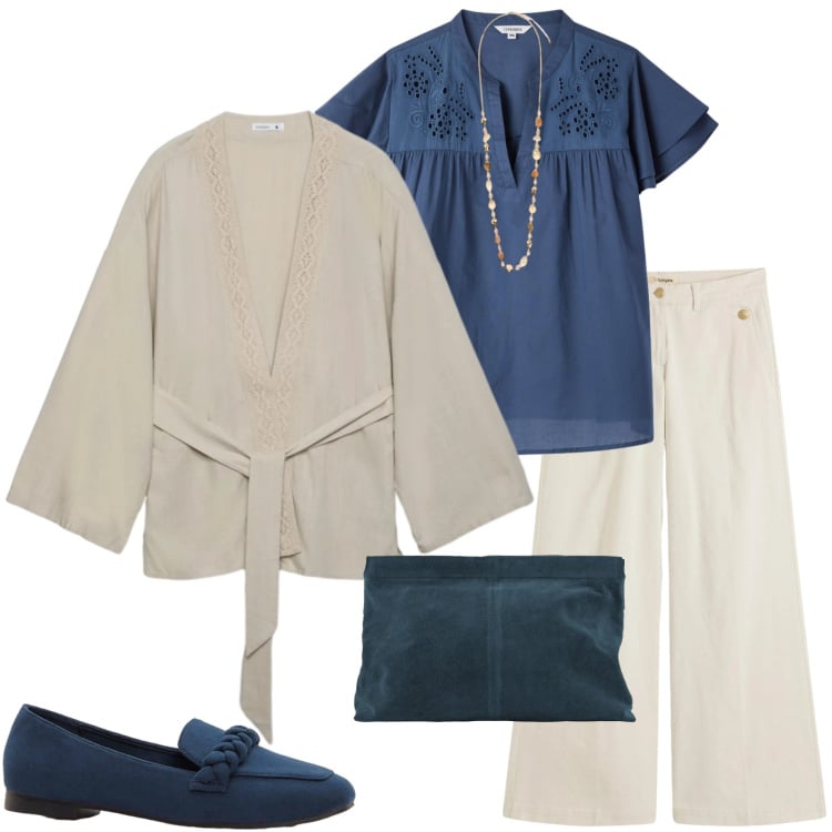 Outfit donna - Curve in movimento. Stile Casual chic per Ufficio. Abbinamento con pantaloni, mocassini, bluse, kimono, collane, pochette.