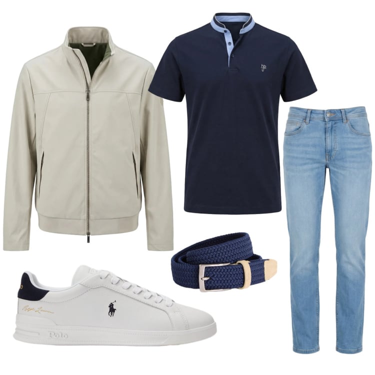 Outfit uomo - Giubbino beige. Stile Trendy per Tutti i giorni. Abbinamento con cinture, polo, giacche, jeans, sneakers.